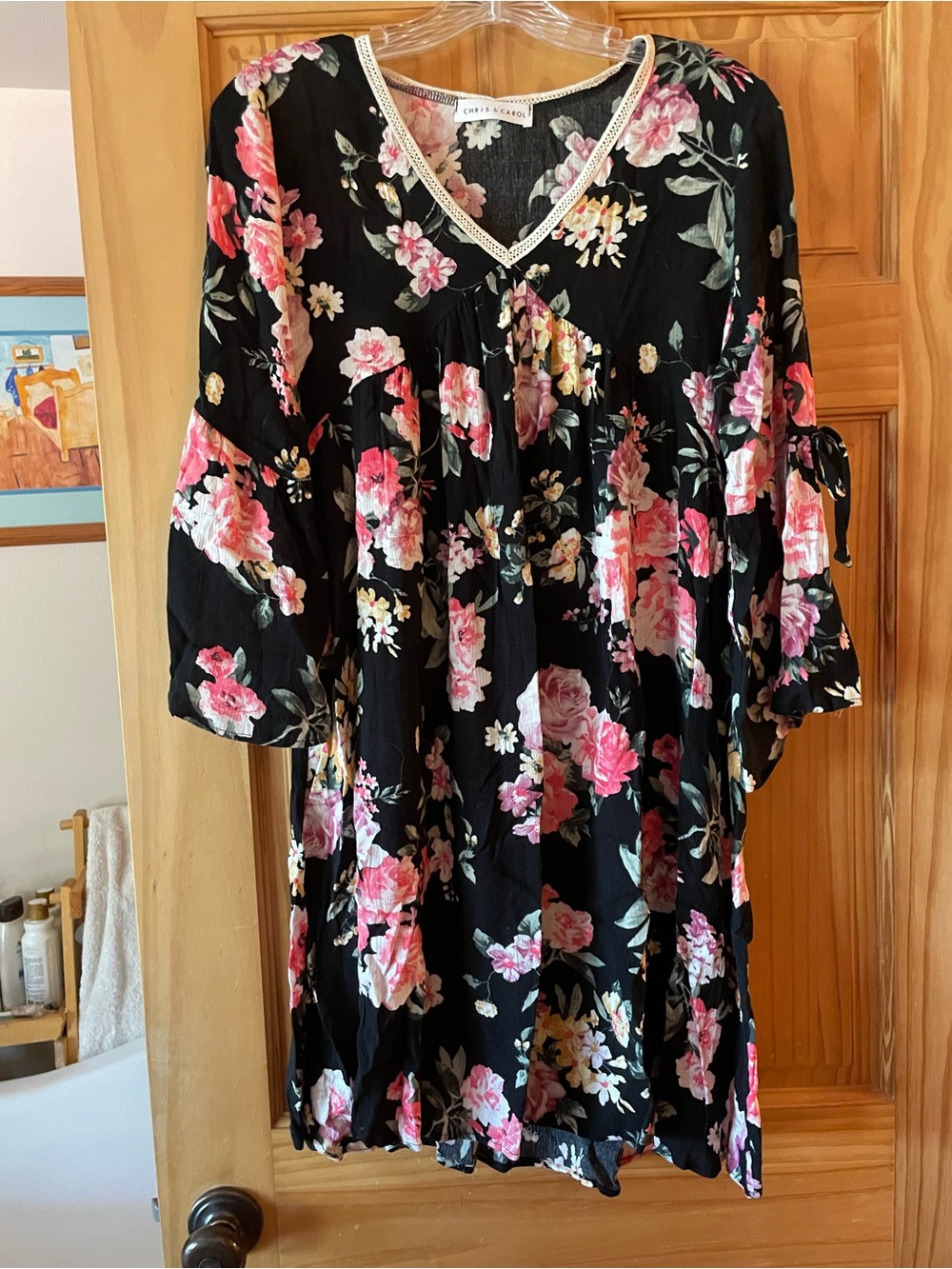 Chris & Carol Black Floral Long Sleeve Dress with Pink Roses
